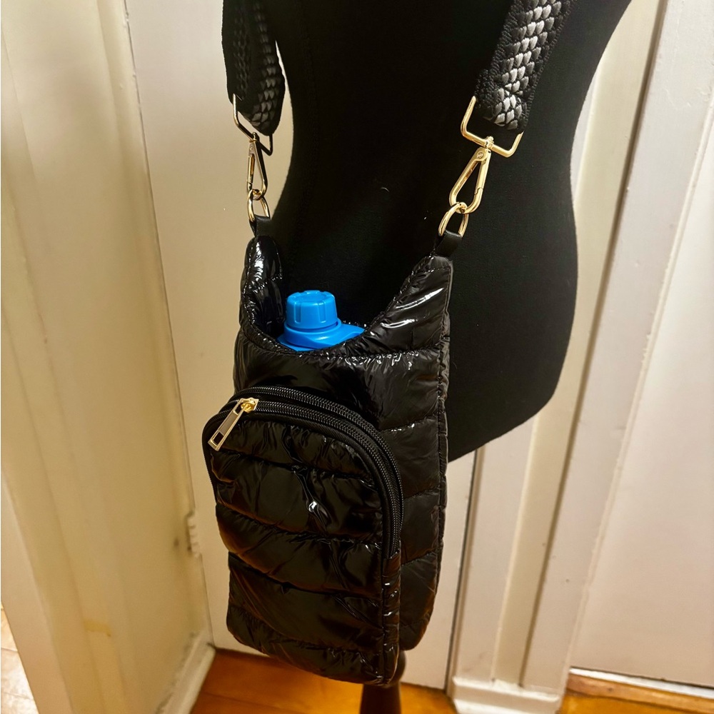 Black Quilted Crossbody Phone Bag with Gold Hardware